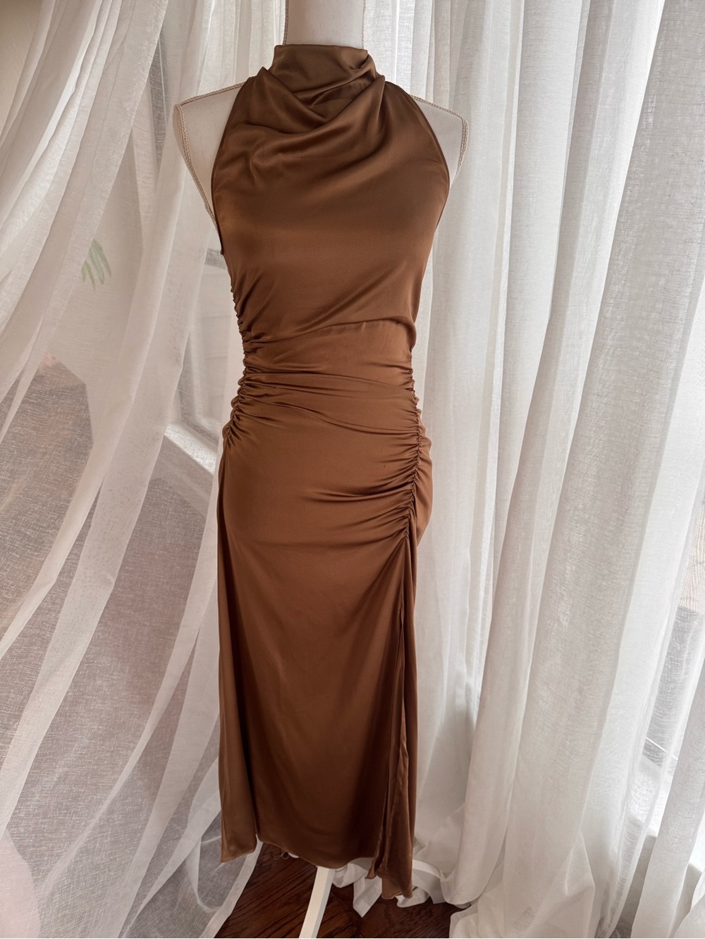 A.L.C. Bronze Satin Ruched Halter Midi Dress Size 2